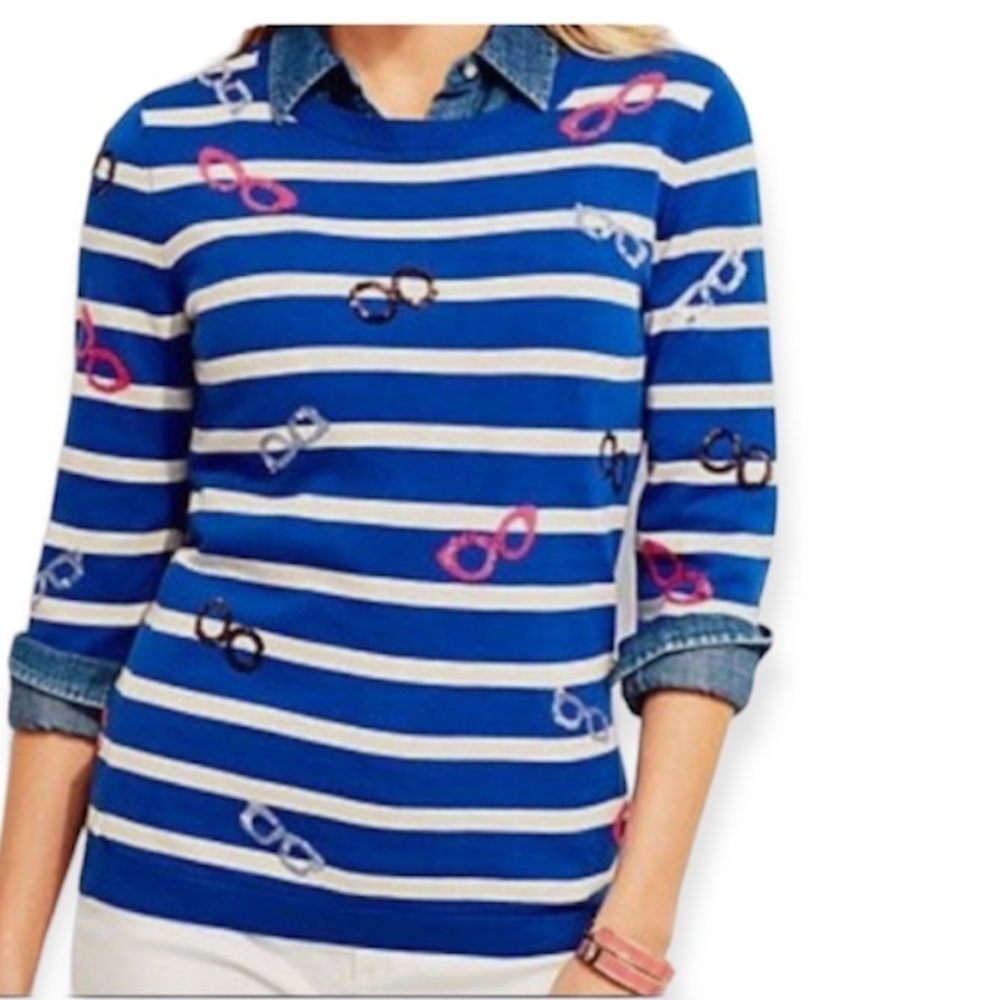 Talbots Sequined Glasses Novelty Striped Sweater
